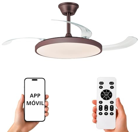 NARVI Ventilador de Techo Color Marrón Coffee Cuero con Luz LED Regulable, Motor DC Silencioso de Bajo Consumo, Lámpara Ventilador con Mando, 3 Aspas Retráctiles, BRETAÑA 1779 BR