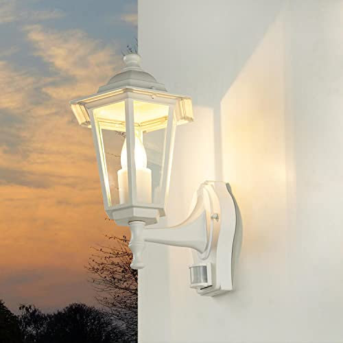 Licht-Erlebnisse Außenleuchte mit Bewegungsmelder Aluminium Glas Weiß IP44 Garten H:39 cm E27 Laterne Sensor Rustikale Wandlampe Außen PARIS
