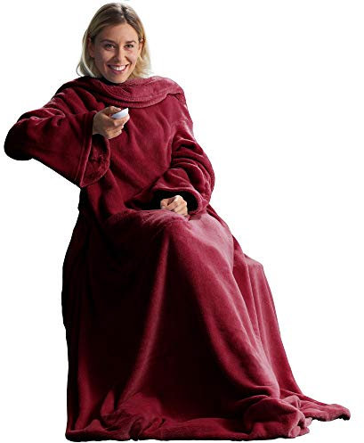 CelinaTex TV-Decke mit Ärmeln und Fußtasche Flauschige Kuscheldecke 150 x 180 cm Bordeaux rot Mikrofaser Fleece Soft Oeko-TEX