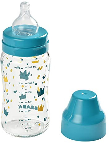 BÉABA - Biberon Intantil de cristal, Resistente a los Golpes, Marcas de Graduación, Fácil de Limpiar, Transparente, Azul