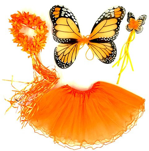 Tante Tina - 4-pièces Déguisement de fée Papillon - Ailes, Baguette, Serre-tête et Jupe - Monarque Orange