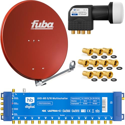 Profi-Sat-Anlage: Fuba 80cm Satellitenantenne DAL 800R rot Aluminium Reflektor + HB-DIGITAL 5/16 Multischalter (1 Satellit / 16 Teilnehmer Multiswitch) + UHD Quattro LNB + vergoldete F-Stecker