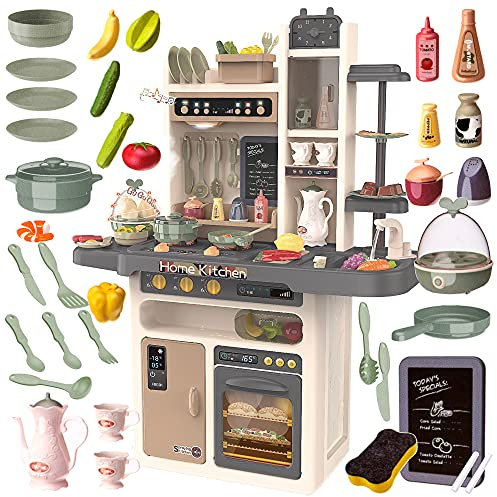 Kinderplay Cocina Juguete, Cocinita Infantil - Luz, Agua Vapor, con Sonido, Altura de la 93.5 cm | Desde el Suelo hasta el Tablero de la Mesa 46 cm, 65 Accesorios | Cocina para Niños, KP3297