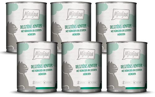 MjAMjAM - Premium Nassfutter für Katzen - deliziöses Rentier mit Hühnchen an leckeren Möhrchen, 6er Pack (6 x 800 g), getreidefrei mit extra viel Fleisch