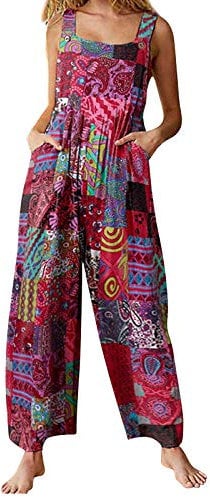 YILEEGOO Cotton Linen Dungarees for Women, Ladies Casual Overalls Baggy Wide Leg Pants Jumpsuit Playsuit (Red#1, X-Large)