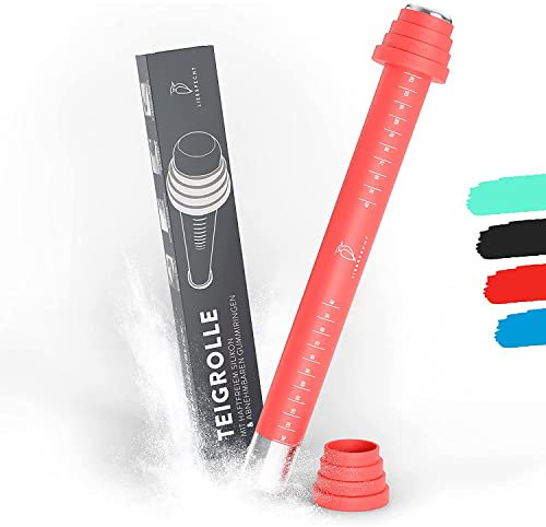 Liebspecht® Premium Silikon Teigrolle [ANTIHAFT] - Edelstahl Nudelholz mit Silikon Überzug - Inklusive Teigabstandsringe - Teigroller für Teige aller Art - Perfekt für Weihnachtskekse, Pizza etc.