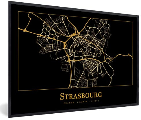 MuchoWow Poster Bilder Wanddeko Deko Wohnzimmer 90x60 cm Karte - Straßburg - Gold - Schwarz