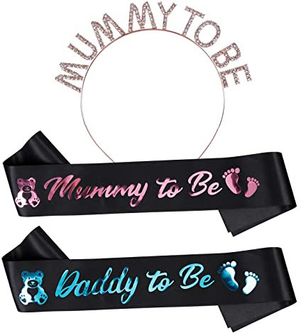 YOLOUP 3 Stück Mummy & Daddy Set Babydusche Mummy to Be Krone Schwarz Schärpe für Baby Shower Gender Reveal Party Deko Geschenk für Schwangerschaft werdende Mutter, Melamin