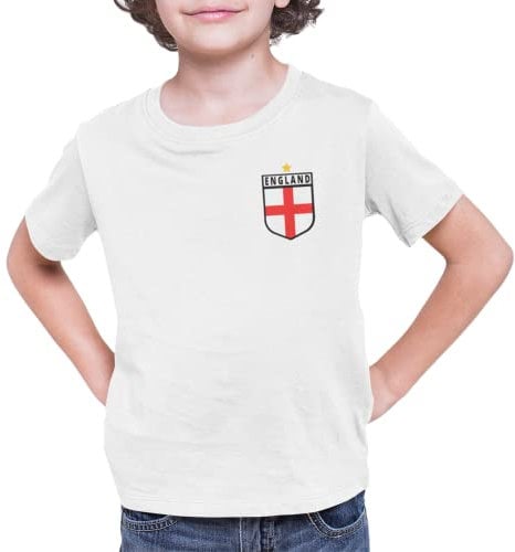yazmae Kids England Football Shirt - World Cup 2023 - England Badge T Shirt - Football World Cup 2023 Footy Gifts for Boys & Girls White