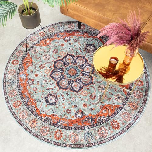 FRAAI | Home & Living Teppich Vintage Rund - Imagine Medaillon Grün - Baumwolle, Polyester - Flachgewebe - Vintage, Orientalisch - Wohnzimmer, Esszimmer, Schlafzimmer - Carpet