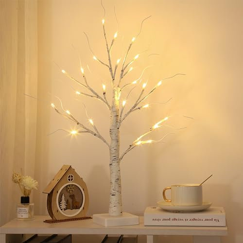 DWTECH 2FT Lighted Birch Tree for Tabletop, Birch Christmas Tree with Lights, Warm White 24 LEDs Birch Tree Light for Christmas Decorations Indoor Bedroom Home Wedding Holiday Thanksgiving Gifts