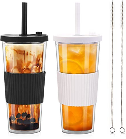 ZgoEC 24oz Bubble Tea Becher mit Strohhalm, 2er Trinkbecher mit Deckel und Strohhalm, Doppelwandig Isoliert Plastikbecher, Smoothie Becher Eiskaffee Becher, Tumbler Becher für Kaffee Bubble Tea