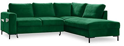 MIUFORM Ecksofa mit Schlaffunktion, Lofty Lilly Wohnlandschaft L-Form, Couch L Form Wohnladschaft mit Schlaffunktion Schlafcouch Samt-Stoff Metallfuße (Flaschengrun Rechts ausgerichtet)