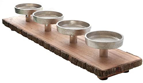 Spetebo Mango Advents Kerzen Halter für 4 Kerzen - 48 x 12 cm - Holz Alu Kerzenständer mit Rinde - Adventskranz Weihnachten Winter Dekoration