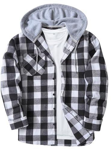 JACKETOWN Men's Hoodies Long Sleeve Casual Plaid Flannel Shirt Mens Jackets Top Button Down Shirts for Men Cotton Lumberjack Regular Fit White Black