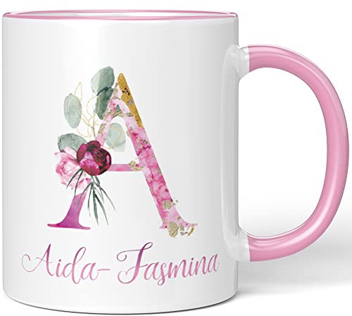 JUNIWORDS Tasse, Aida-Jasmina, Name Anfangsbuchstabe Initial Alphabet Floral Buchstabe A Monogramm Motiv, Rosa (5491967)