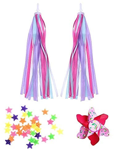 PFLYPF 36 Stück Star Wheel Spoke Decoration, 1 Paar Luftschlangen Rosa und Lila, 1 Stück Windmühle für Kinder, Lenker Quaste, Zubehör für Kinderfahrräder