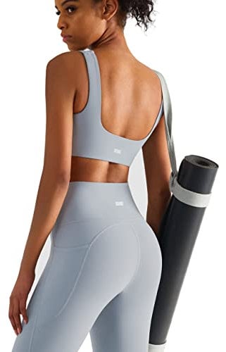 Sport Leggings Damen High Waist mit Buachkontrolle, Lycra® Spandex bietet Figure Shaping Stretch Atmungsaktiv, Yogahosen mit Tasche, Blickdicht Fitness Bekleidung Set für Workout-Grau-L