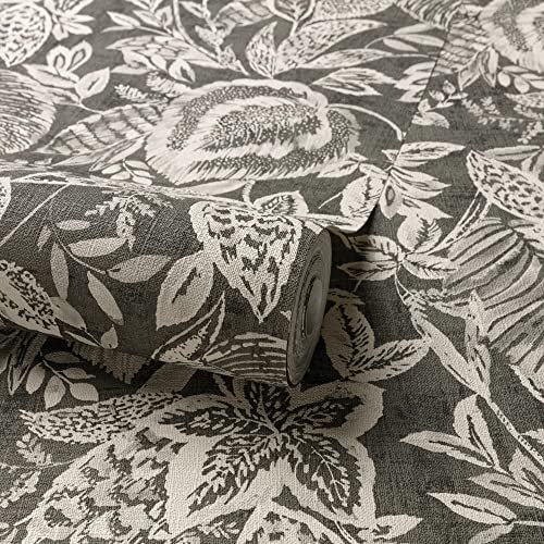 Grandeco Mae Painted Jungle Leaves Linen Textured Wallpaper, Charcoal Black
