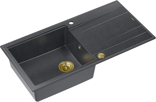 QUADRON Fregadero de cocina Negro + Dorado | tamaño 100 x 50 x 21 cm | fregadero de granito EVAN 146 XL fregadero de un seno | con sifón manual y escurridor | fregadero de encastre de 1 seno