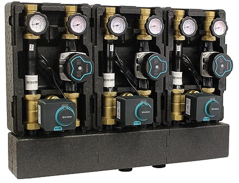ENVIRON- 3er Modulverteilergruppe 3 Pumpengruppen auf Verteilerbalken [gemischt/ungemischt wählbar] | 3 Wege Mischer Stellmotor DN25 Umwälzpumpe Heizung (1x gemischt 2x ungemischt | Pumpe 180mm)