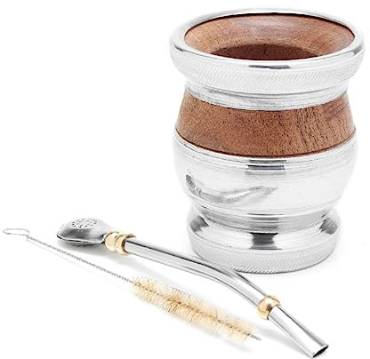 BALIBETOV Yerba Mate Wood Gourd Set - Traditional Carob and Aluminum (Mate Cup) with Bombilla (Yerba Mate Straw) (Wood with Aluminum Base) (Carob Wood with Aluminum Rim&Base)