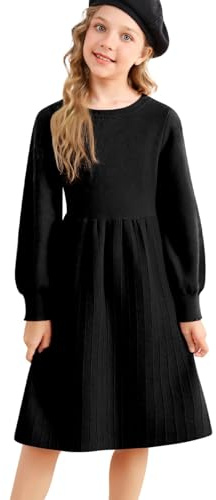 Belovecol Mädchen Kleid Plissee Langarm Casual A-Linie Midirock Strickpullover Schwarzes Kleid Alter 8-9 Jahre