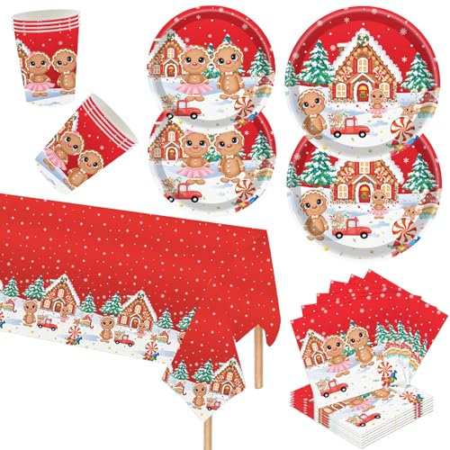 POPOYU Set di 69 tovagliette di carta per feste di Natale, set di stoviglie per 16 ospiti, decorazione natalizia, tovaglia, piatti di carta, tovaglioli, bicchieri di carta