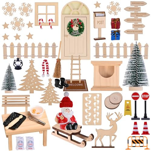EIKEJI 57 PCS Wichtel Set Weihnachten Komplettset, Wichteltür Zubehör mit Baustelle, Wichteltür Tür Im Dunkeln Leuchten, Weihnachtsdeko Wichtel Set Deko Holz Miniatur Elfentür, DIY Geschenk für Kinder