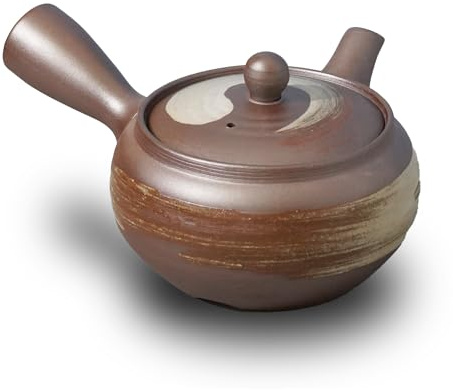 COTONOHA Banko-Yaki Japanische Teekanne – Traditioneller japanischer Teekessel mit Edelstahl-Sieb – Hitzebeständige und langlebige Keramik-Teekanne für tief gedämpften Tee (weiße Bürste und Braun)