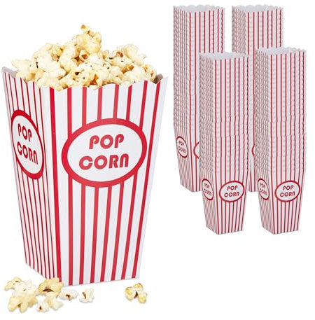 Relaxdays Lot de sachets à popcorns Popcorntüten, 100er Set, gestreift, Retro-Optik, Kino, Filmabend Zubehör, Pappe, Popcornbehälter, rot/weiß, Karton