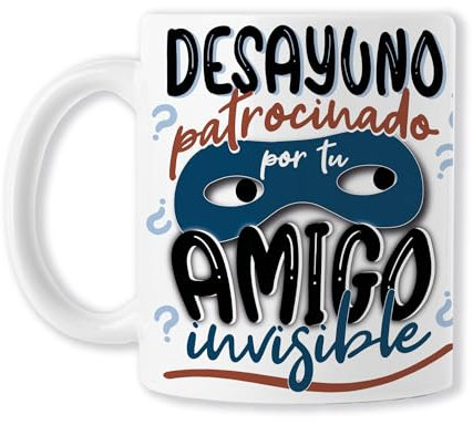 TAZAS AMIGO INVISIBLE (Desayuno patrocinado por tu AMIGO INVISIBLE - REGALO AMIGO INVISIBLE - Taza original para regalar en Navidad con frase y dibujo, ideal desayuno. Cerámica blanca)