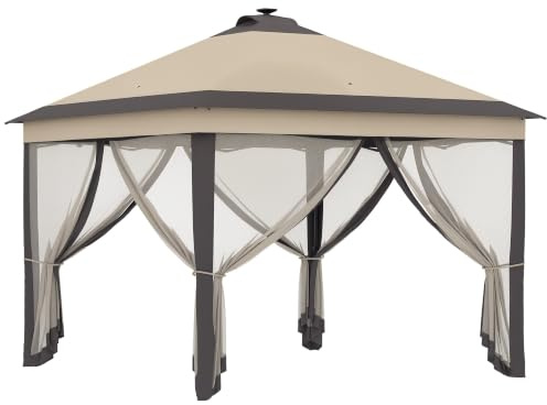 Outsunny Carpa Plegable con Luces LED Cenador de Jardín 3,3x3,3 m Beige | Control Remoto, 4 Paredes Laterales de Malla, Altura Ajustable, Bolsa de Transporte, para Patio Fiestas
