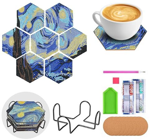wocpvm 7 Stück Untersetzer Diamond Painting Untersetzer für Diamantmalerei mit Halter Van Gogh Malerei Kunst Untersetzer fürTassen,Vasen, Kerzen Dekoratio, DIY zum Basteln Erwachsene