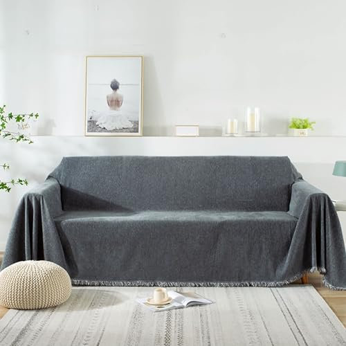 Epinki Sofa Überwurfdecke, 180x260CM Sesselbezug ZweiSitzer mit Quaste Einfarbig Muster, Kratzfester rutschfest Sesselbezug Hund aus Chenille für Hunde Haustierfreundliche, Dunkelgrau