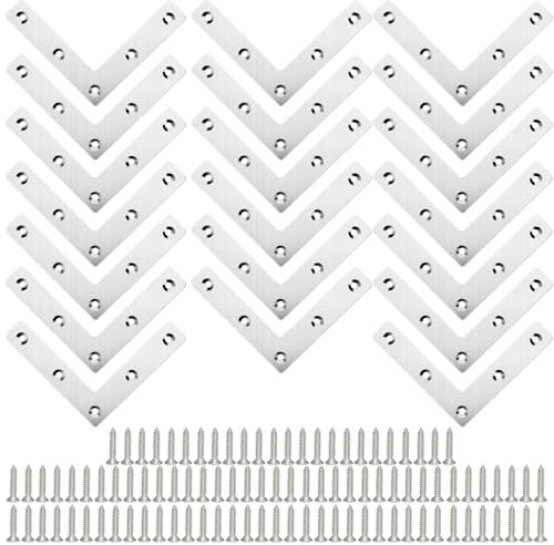TOKSEO 20 pezzi angolo piatto 90 gradi, 80 x 80 mm, connettore ad angolo piatto in acciaio inox con 100 viti, angolo angolare a forma di L in metallo per restauro, fissaggio di mobili