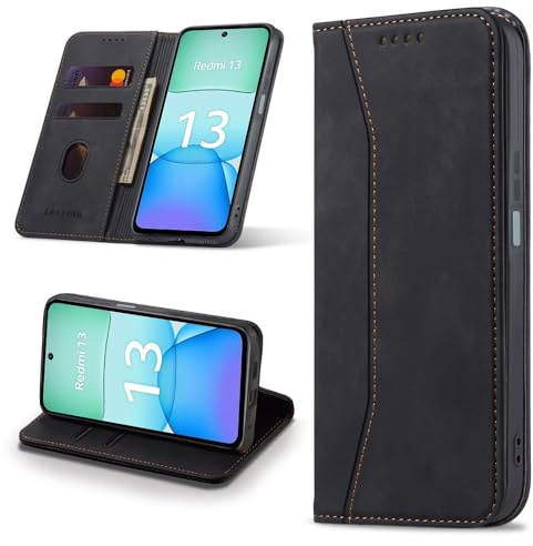 Leaisan Handyhülle für Xiaomi Redmi 13 4G Hülle Premium Leder Flip Klappbare Stoßfeste Magnetische [Standfunktion] [Kartenfächern] Schutzhülle für Redmi 13 4G Tasche - Schwarz