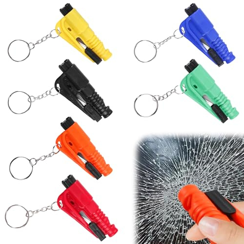 6 pièces Porte-clés de sécurité pour voiture : coupe-ceinture et brise-vitre 2 en 1, marteau de sécurité pour voiture, coupe-ceinture et marteau d'urgence avec coupe-ceinture, outil de fuite pour