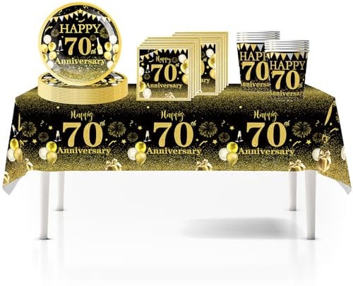 41Pcs Black Gold 70th Happy Birthday Party Tableware Decorations for Him Plastic Table Cloth,7inch Paper Plates,Napkins, Cups for Men Birthday Table Party Tableware Set for Him Adults Birthday Party