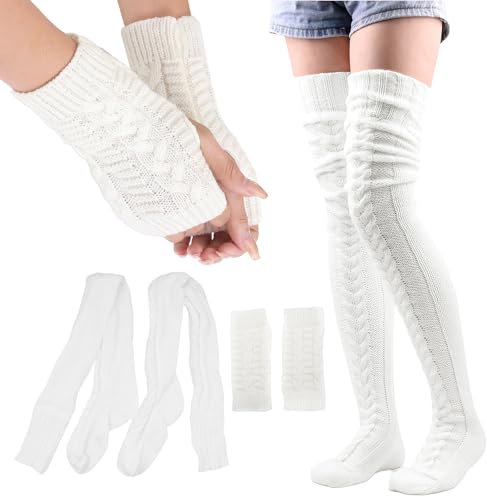 VEGCOO Winter Knit Thigh High Socks Set, Knitted Twisted Over Knee Socks Womens Girls with Fingerless Long Sleeve Gloves for Winter Gifts Fashion (UK, Alpha, One Size, Regular, Regular, White)