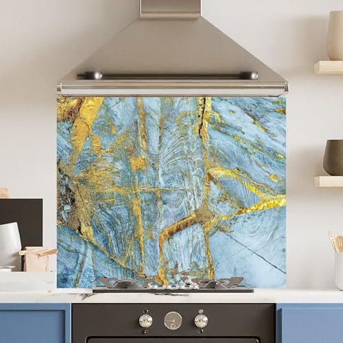 Toughened 6mm Glass Kitchen Splashback 90 x 65cm Light blue Gold Marble Polished Heat Resistant Back Splash for Cookers Hob