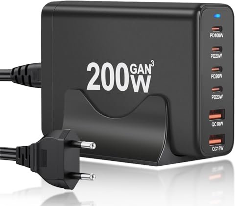 200W Chargeur USB C Multiple, 6 Ports GaN III Tech Chargeur Rapide QC+PD 65W Chargeur Laptop Adaptateur avec 4 USB-C et 2 USB-A Multiprise USB pour MacBook Pro/Air, iPad, iPhone 16/15, Samsung etc