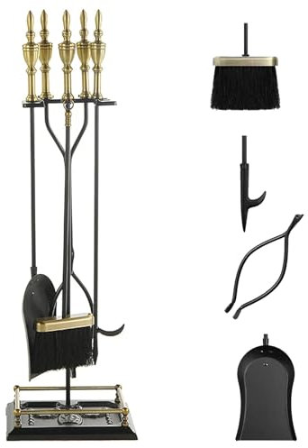 MREGLHUI Juego De 5 Herramientas para Chimenea,32In,Negro Hierro Forjado Gran Juego De Herramientas para Fuego Y Soporte para Exterior para Fogata para Interior Rústico con Tenazas,Latón,31.8in