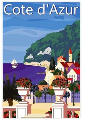 CSESTCGN Cote D Azur Strand-Frankreich, Vintage-Reise-Kunstposter, 1 Leinwand-Poster, Schlafzimmerdekoration, Landschaft, Büro, Raumdekoration, Geschenk, 30 x 45 cm