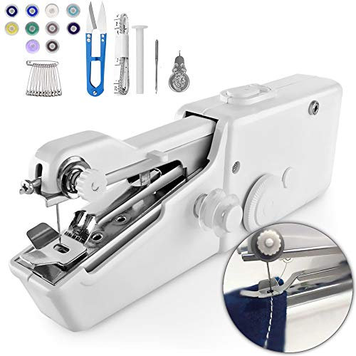 Mini Nähmaschine, 29 pcs Handliche Nähmaschine mit Nähset, Tragbare Elektrische Schnellstichwerkzeug für Anfänger Zuhause DIY Nähen Kleidung Vorhänge Basteln - Weiß