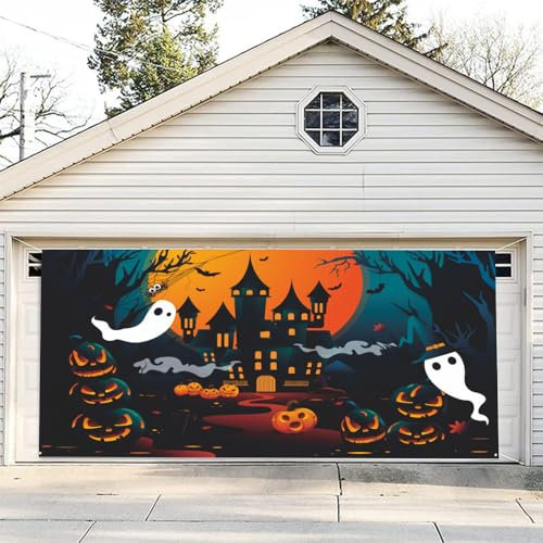 Hixingo Garagentor Banner Halloween Große Garagentor Abdeckung Deko mit Ösen und Seil, Gruseliges Schloss Halloween Banner Garage Outdoor Indoor Wand Foto Hintergründe Poster (400x180cm,Stil 5)