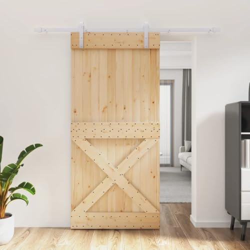 Sufrk Porta Scorrevole con Set Hardware 95x210 cm Legno Massello Pino,Kit per Porta Scorrevole Binario Hardware per Sistema Ante Scorrevoli Set Guide di Scorrimento per Porta in Legno Kit di Ferrament