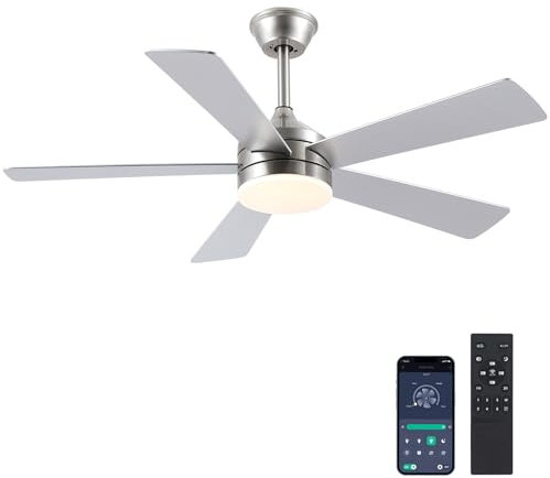 Shanggu Ventiladores de Techo con Luces, Ventilador de Techo Moderno con Luces y Mando a Distancia/APP, Regulación, Ventiladores de Techo de Perfil Bajo para Dormitorio Interior, Níquel Cepillado