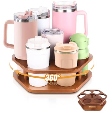 ByNaRIX Water Bottle Organizer for Stanley Tumbler, 7 Slots Rotatable Stanley Cup Organizer for Kitchen Cabinets, Wood Water Bottle Rack Holder for Stanley Cup Accessories