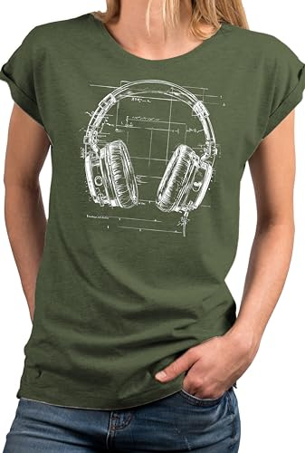 MAKAYA Damen Shirt mit Kopfhörer Motiv Stylisches Hip Hop Kurzarm Top Frauen Musik Design